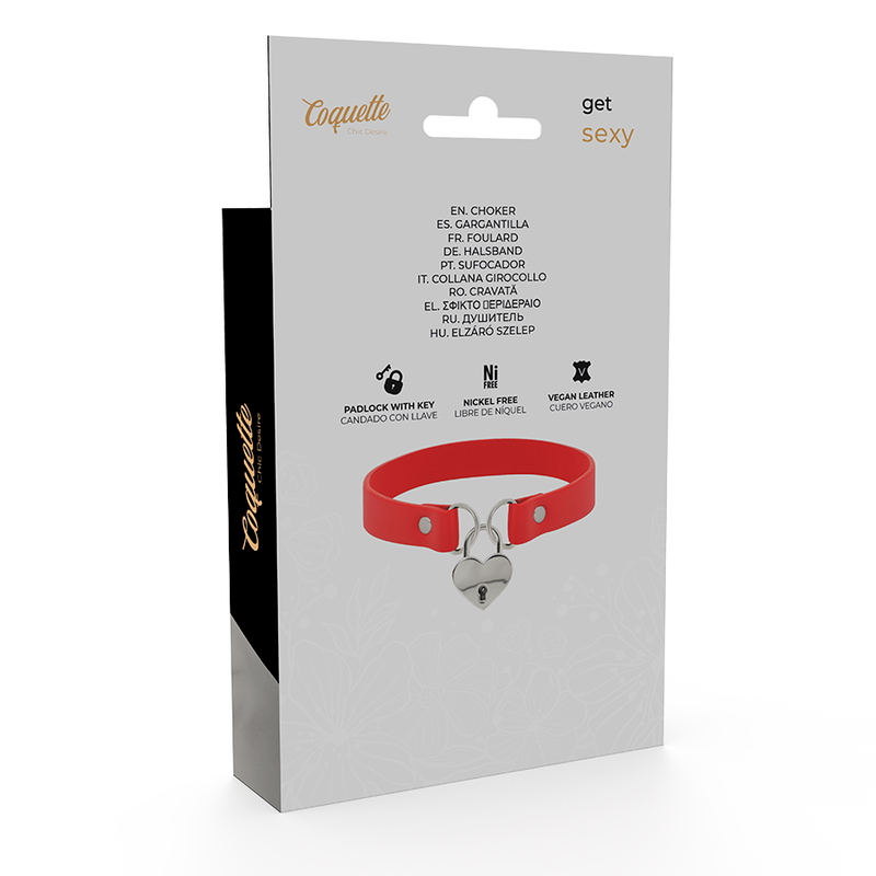 Collar Cuero Vegano Rojo Accesorio Corazón Con Llave