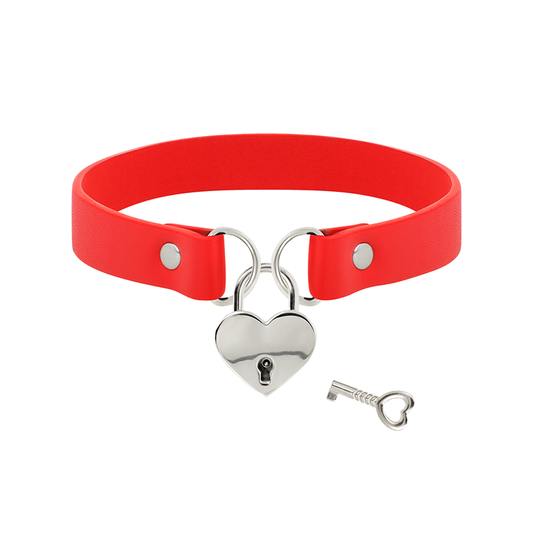 Collar Cuero Vegano Rojo Accesorio Corazón Con Llave