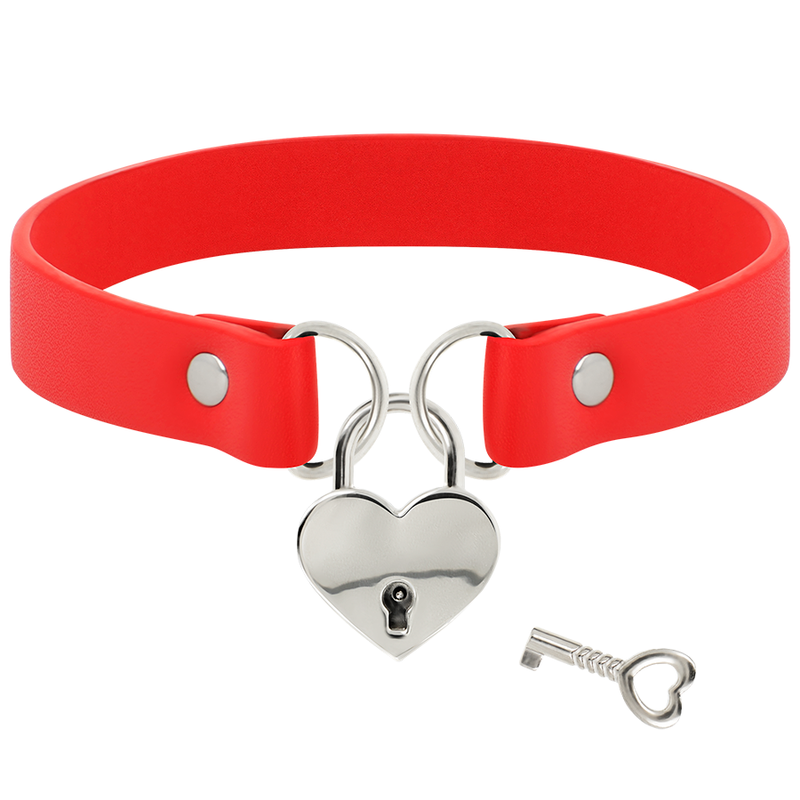 Collar Cuero Vegano Rojo Accesorio Corazón Con Llave