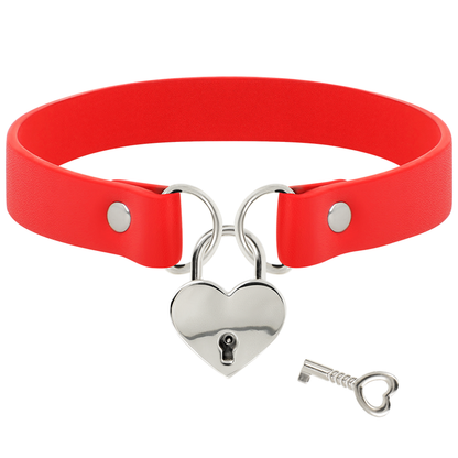 Collar Cuero Vegano Rojo Accesorio Corazón Con Llave