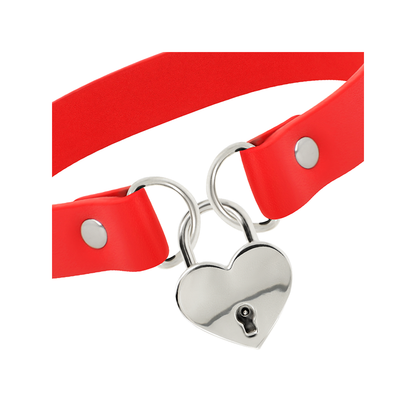 Collar Cuero Vegano Rojo Accesorio Corazón Con Llave