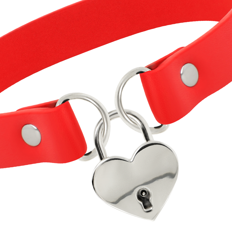 Collar Cuero Vegano Rojo Accesorio Corazón Con Llave