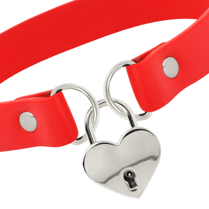 Collar Cuero Vegano Rojo Accesorio Corazón Con Llave