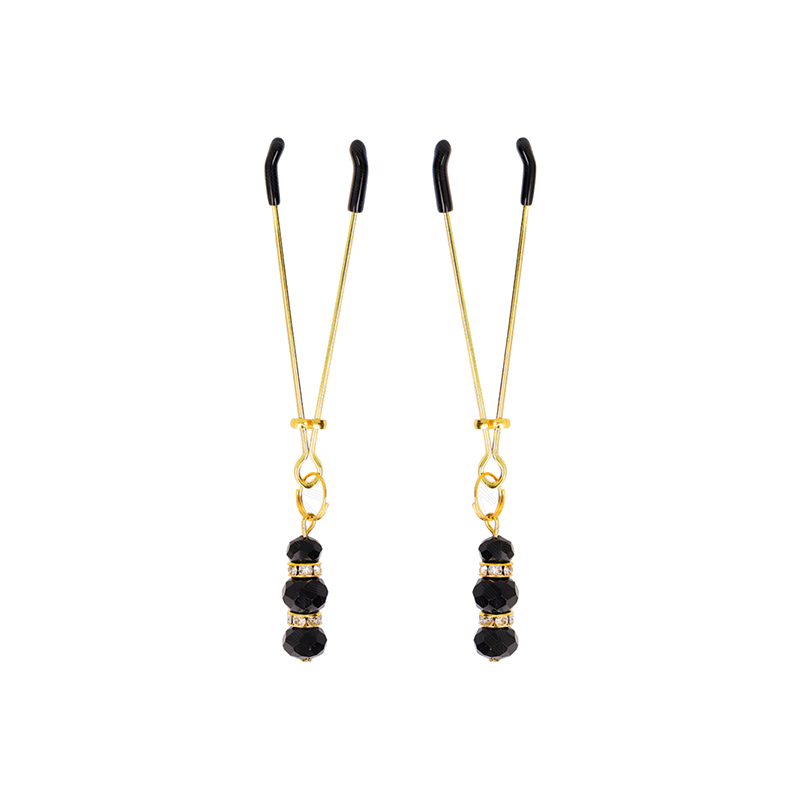 Pinzas Para Pezones Dorada Fina Con Triple Bola De Vidrio Negro 7 Cm