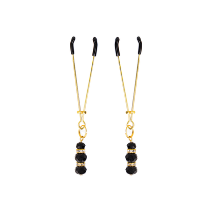 Pinzas Para Pezones Dorada Fina Con Triple Bola De Vidrio Negro 7 Cm