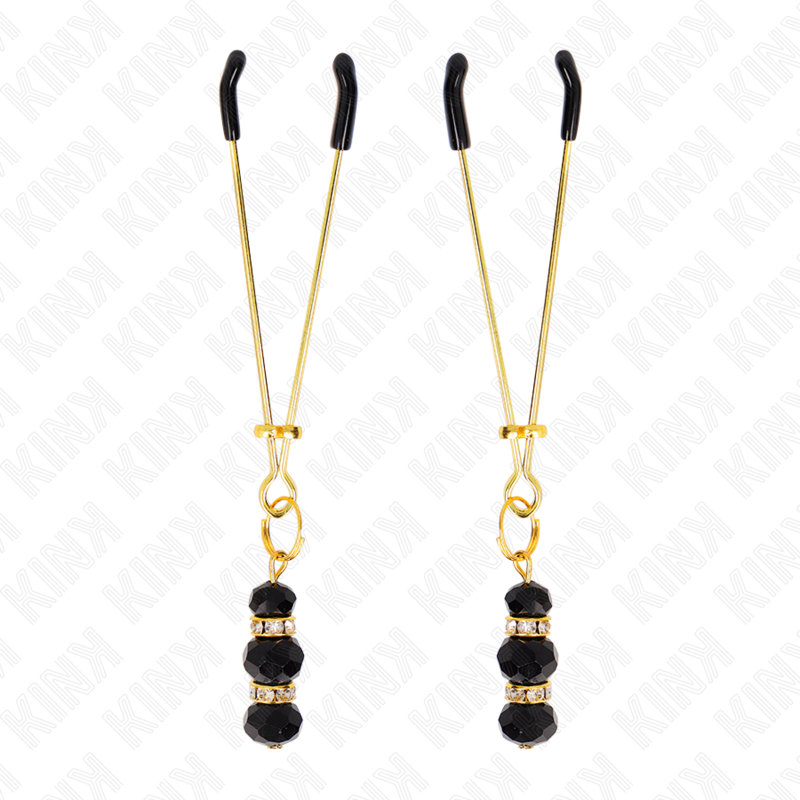 Pinzas Para Pezones Dorada Fina Con Triple Bola De Vidrio Negro 7 Cm
