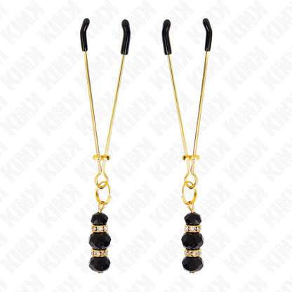 Pinzas Para Pezones Dorada Fina Con Triple Bola De Vidrio Negro 7 Cm