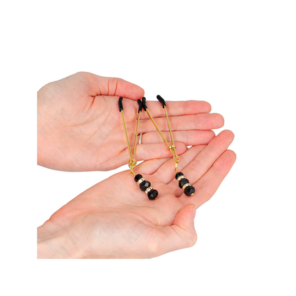 Pinzas Para Pezones Dorada Fina Con Triple Bola De Vidrio Negro 7 Cm