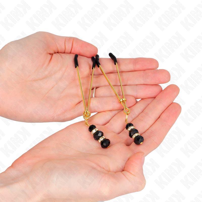 Pinzas Para Pezones Dorada Fina Con Triple Bola De Vidrio Negro 7 Cm