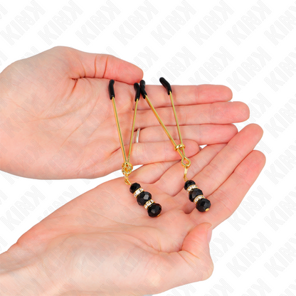 Pinzas Para Pezones Dorada Fina Con Triple Bola De Vidrio Negro 7 Cm