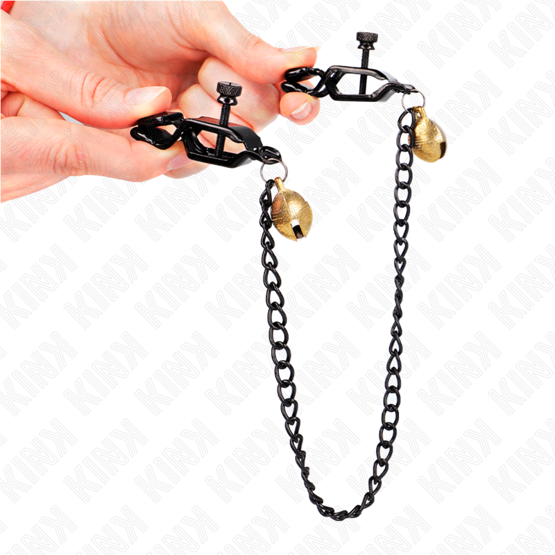 Pinzas Para Pezones Planas Negro Con Cascabel Y Cadena Plateado 30 Cm