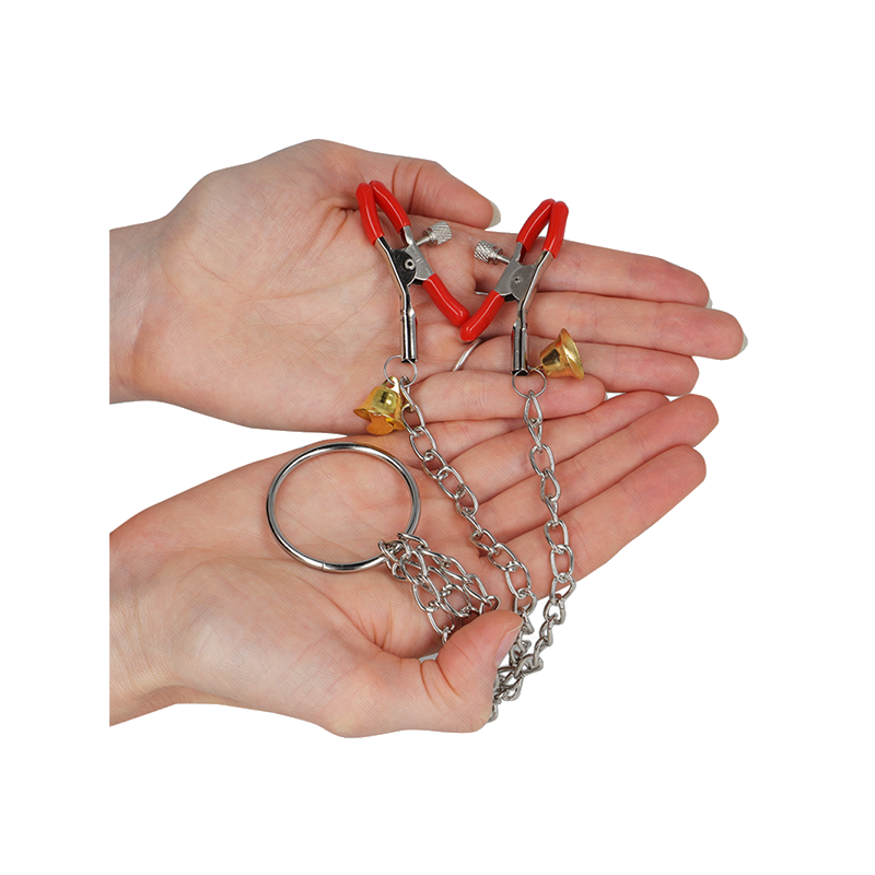 Pinzas Para Pezones Y Clítoris Rojas Con Cascabel Dorado Y Cadena 30 Cm