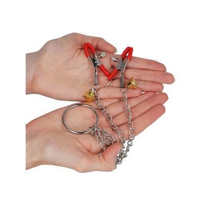 Pinzas Para Pezones Y Clítoris Rojas Con Cascabel Dorado Y Cadena 30 Cm