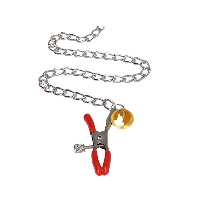 Pinzas Para Pezones Y Clítoris Rojas Con Cascabel Dorado Y Cadena 30 Cm