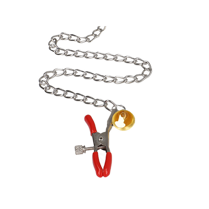Pinzas Para Pezones Y Clítoris Rojas Con Cascabel Dorado Y Cadena 30 Cm