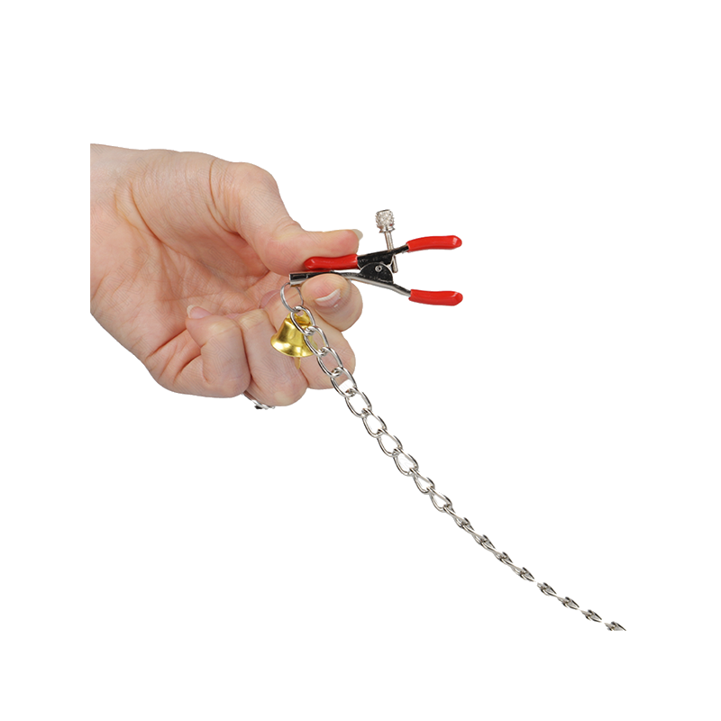 Pinzas Para Pezones Y Clítoris Rojas Con Cascabel Dorado Y Cadena 30 Cm