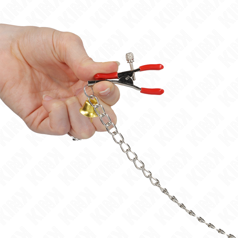 Pinzas Para Pezones Y Clítoris Rojas Con Cascabel Dorado Y Cadena 30 Cm
