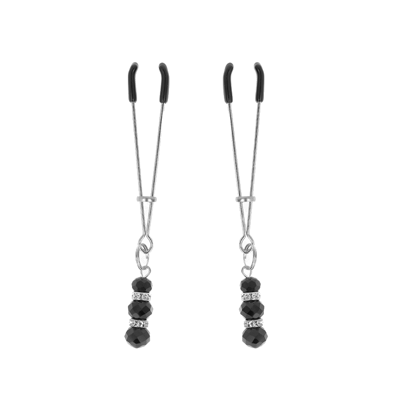 Pinzas Para Pezones Plateada Fina Con Triple Bola De Vidrio Negro 7 Cm