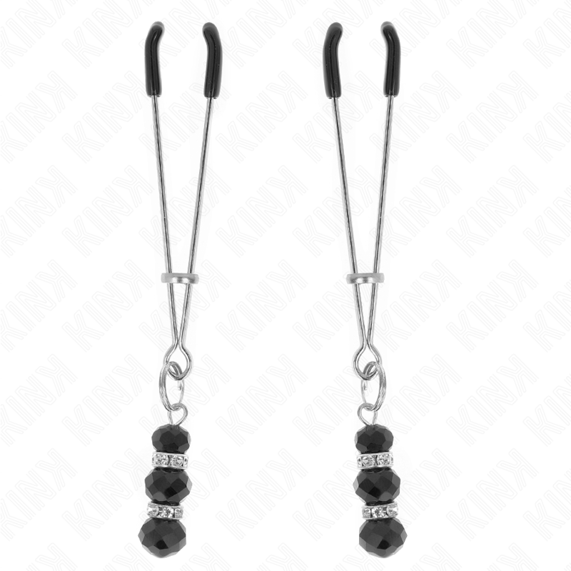 Pinzas Para Pezones Plateada Fina Con Triple Bola De Vidrio Negro 7 Cm