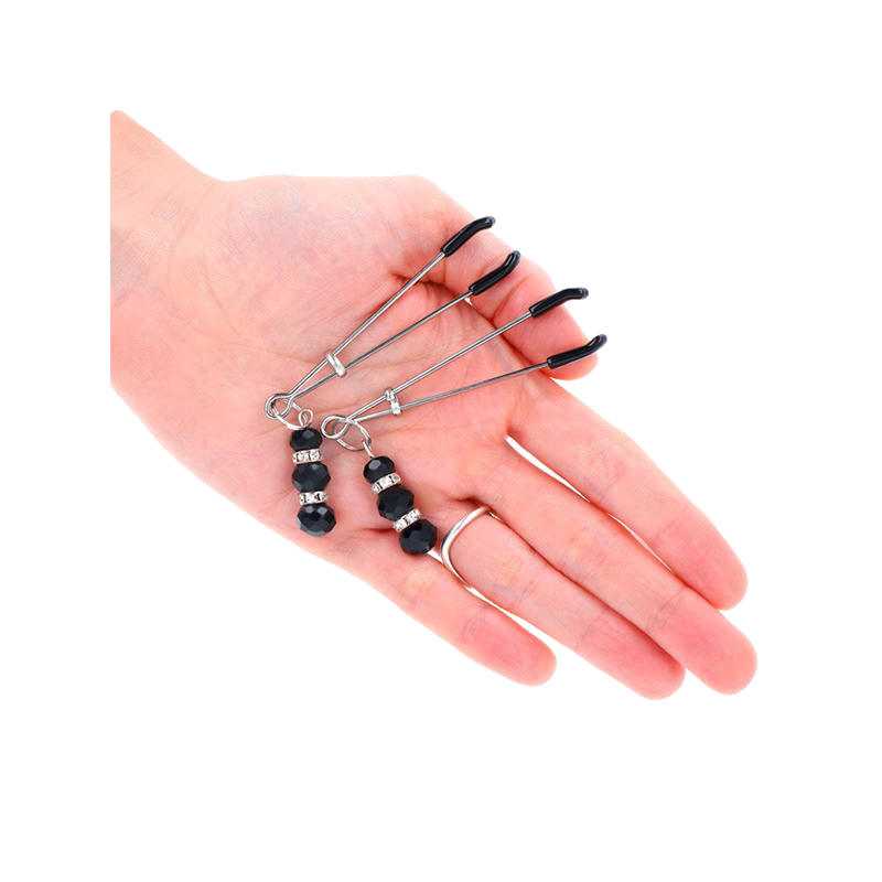 Pinzas Para Pezones Plateada Fina Con Triple Bola De Vidrio Negro 7 Cm