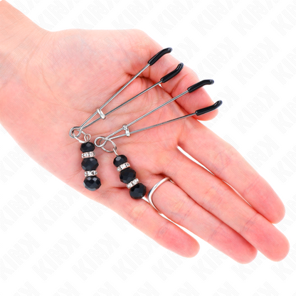 Pinzas Para Pezones Plateada Fina Con Triple Bola De Vidrio Negro 7 Cm