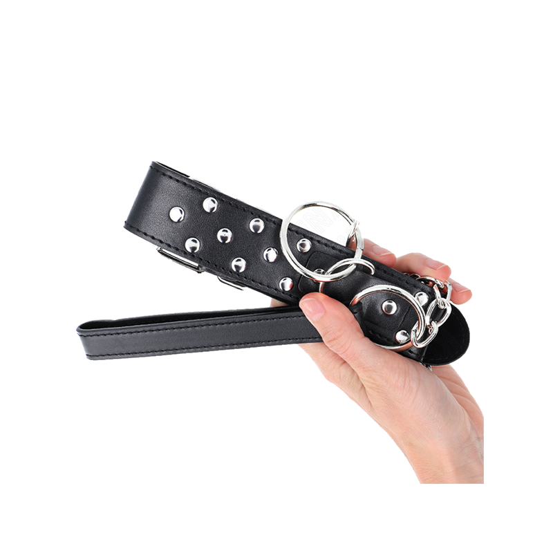 Collar Con Correa 65 Cm Remache Anilla Negro Ajustable 36-50 Cm X 3.8 Cm