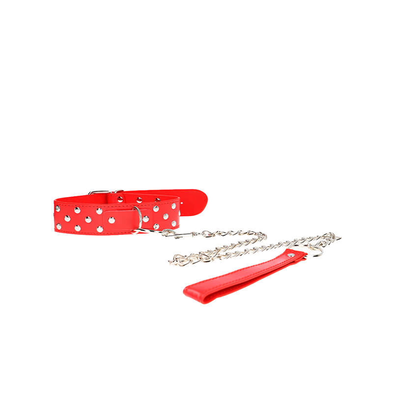 Collar Con Correa 65 Cm Remache Anilla Rojo Ajustable 36-50 Cm X 3.8 Cm