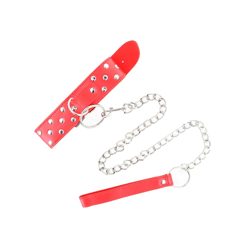 Collar Con Correa 65 Cm Remache Anilla Rojo Ajustable 36-50 Cm X 3.8 Cm