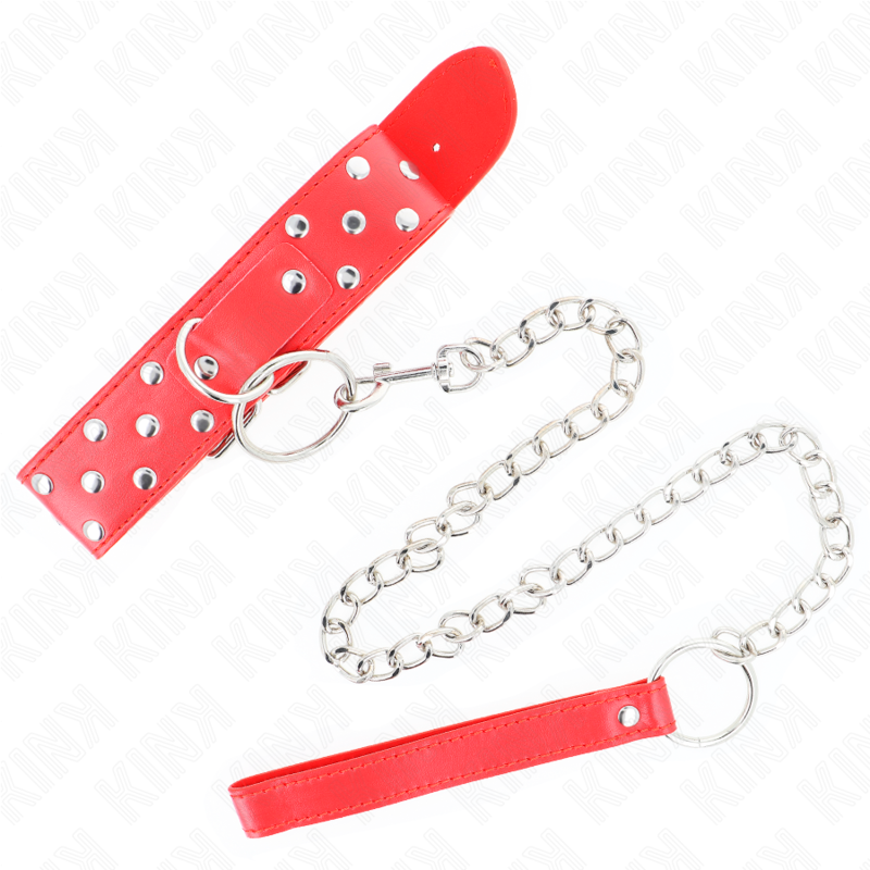 Collar Con Correa 65 Cm Remache Anilla Rojo Ajustable 36-50 Cm X 3.8 Cm