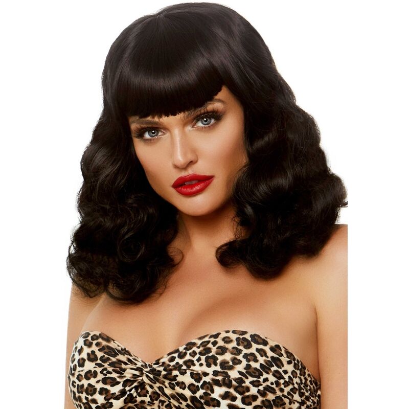 Peluca Retro Rizada Con Flequillo Luminiscente Negro