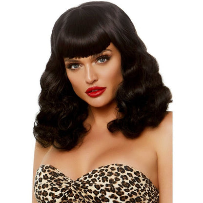 Peluca Retro Rizada Con Flequillo Luminiscente Negro