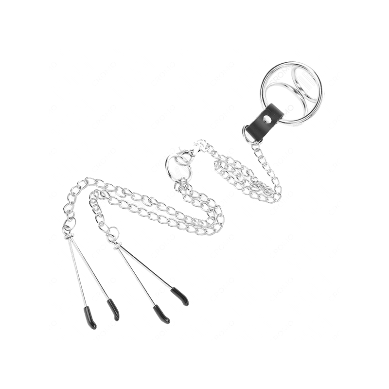 Anillo Pene Triple Metal Cromado 3 Cm A 4.5 Cm Con Cadena Metal 26 Cm Y Pinzas Para Pezones