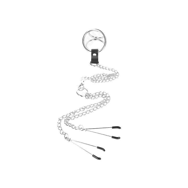 Anillo Pene Triple Metal Cromado 3.8 Cm A 5 Cm Cadena Metal 26 Cm Y Pinzas Para Pezones Modelo 2